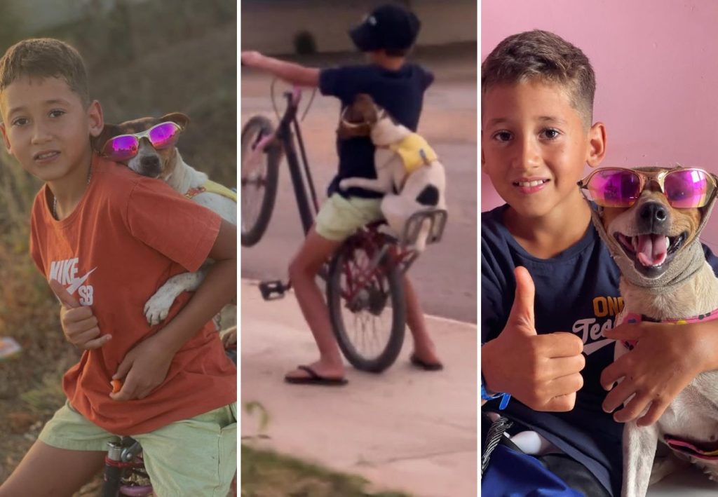 Menino que viralizou dando ‘grau’ de bicicleta resgatou cachorrinha da rua em dia de chuva: ‘Nunca mais ela foi embora’